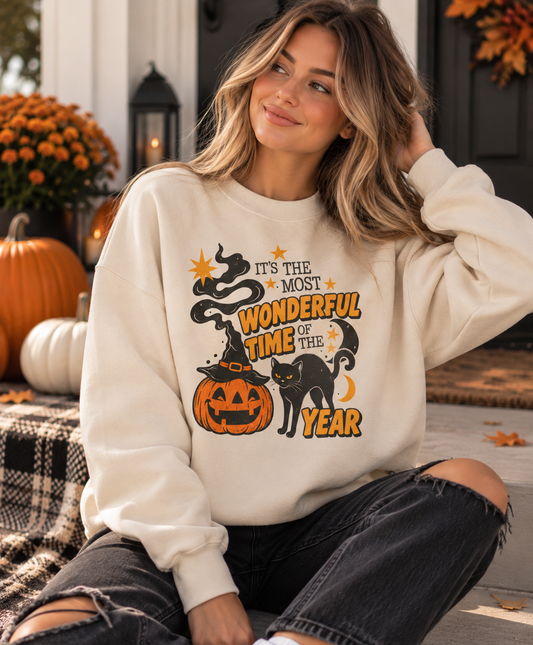 It’s the Most Wonderful Time of the Year Halloween Sweatshirt – Vintage Pumpkin & Black Cat Crewneck