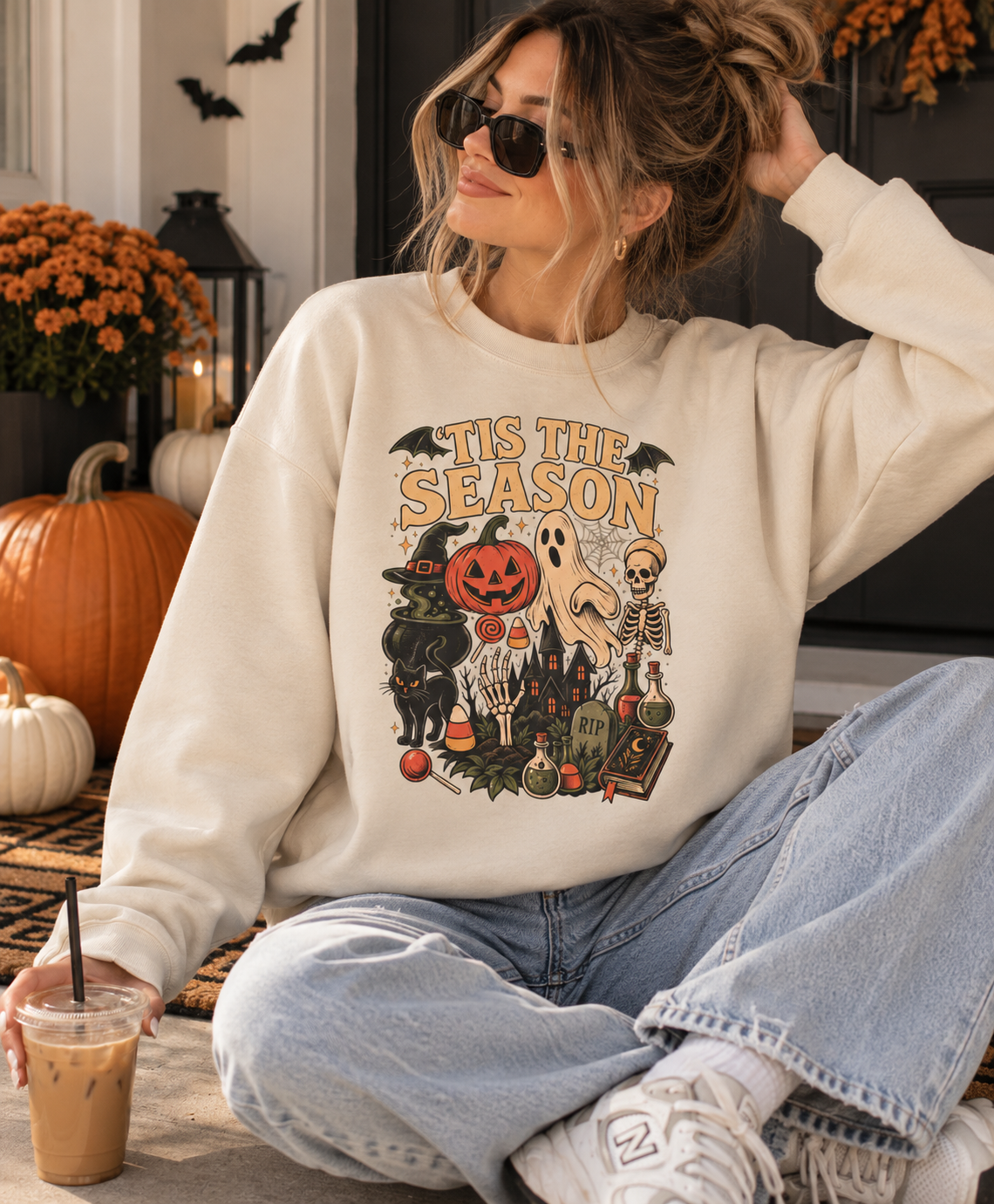’Tis the Season Vintage Halloween Sweatshirt – Ghost, Skeleton & Pumpkin Crewneck