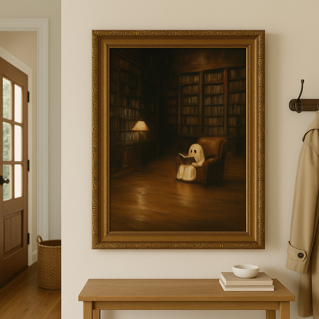 Ghost in the Library Wall Art | Halloween Matte Poster | Gothic Spooky Cozy Decor
