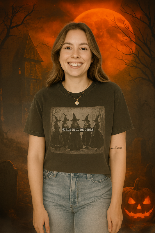 Girls Will Be Girls Vintage Witch Shirt – Funny Halloween Tee for Women, Witchy Vibes, Comfort Colors Style