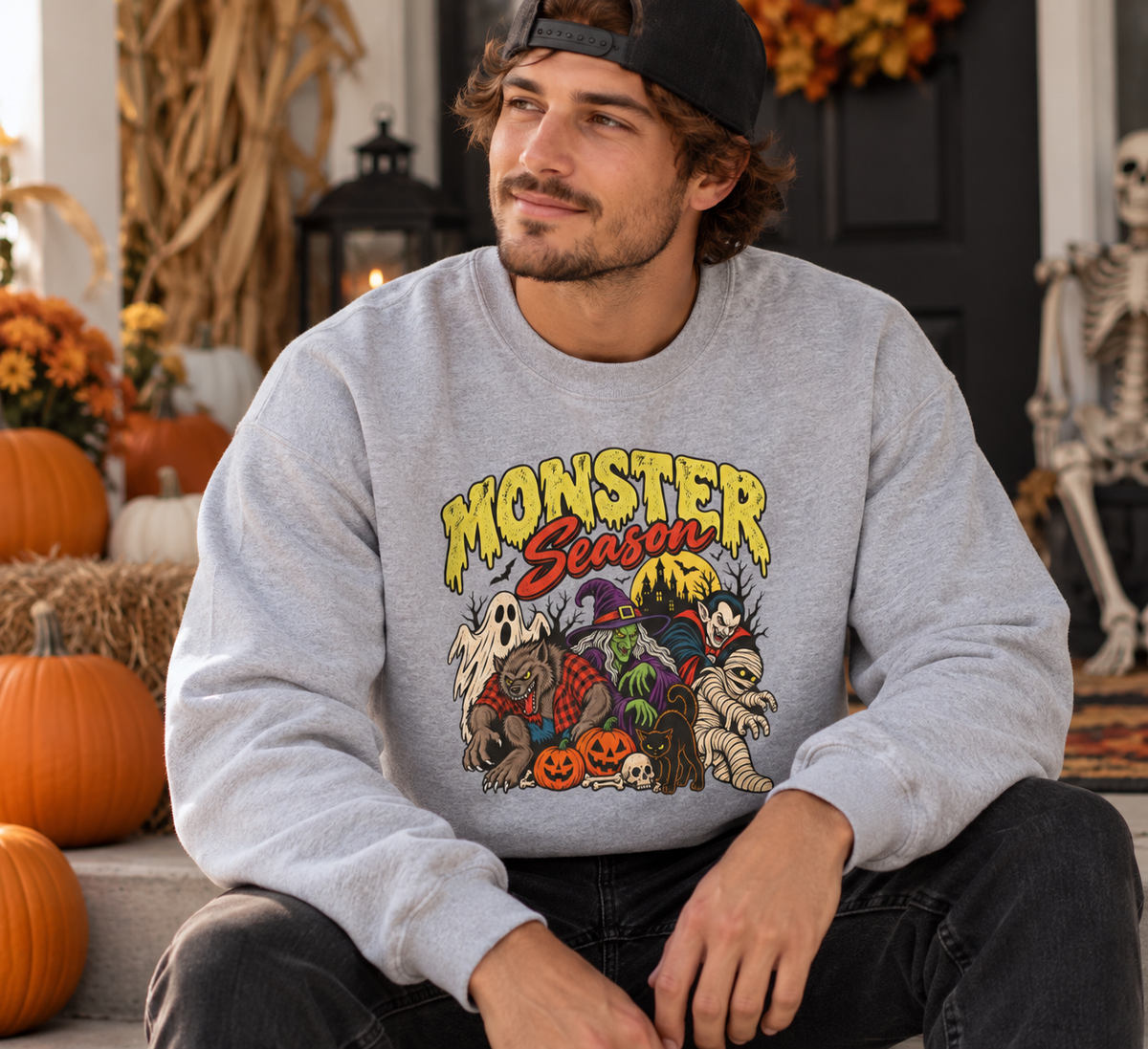 Monster Season Vintage Halloween Sweatshirt – Retro Monsters Unisex Crewneck