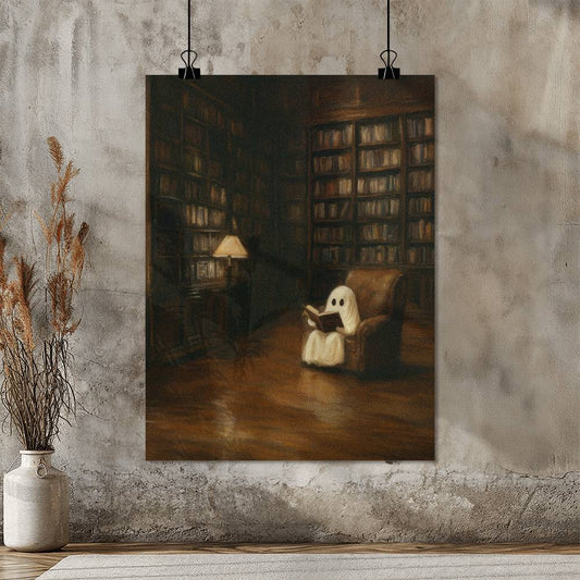 Ghost in the Library Wall Art | Halloween Matte Poster | Gothic Spooky Cozy Decor
