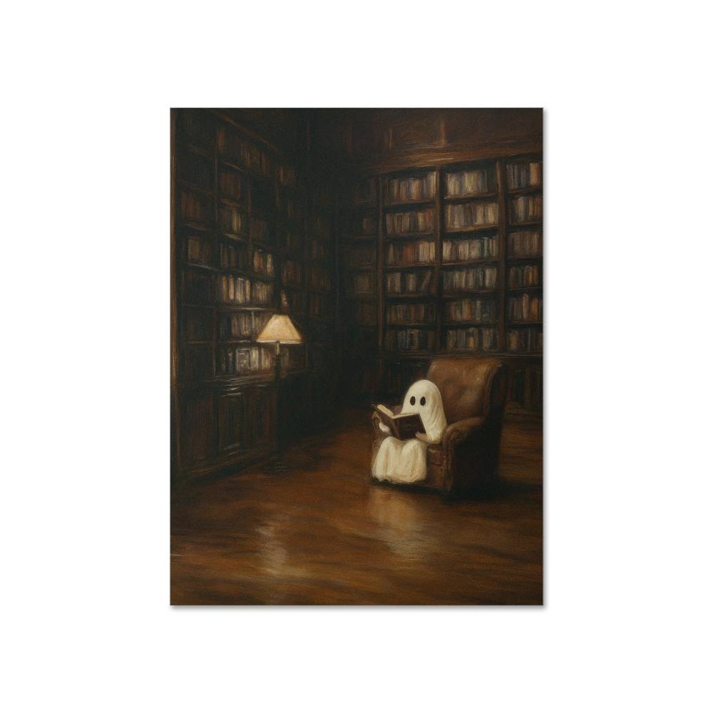 Ghost in the Library Wall Art | Halloween Matte Poster | Gothic Spooky Cozy Decor