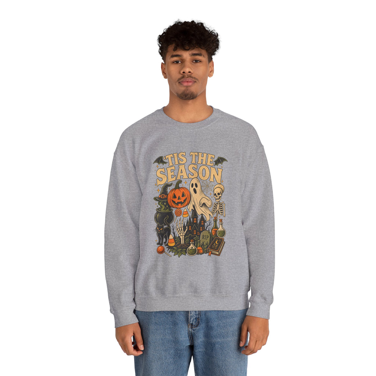 ’Tis the Season Vintage Halloween Sweatshirt – Ghost, Skeleton & Pumpkin Crewneck