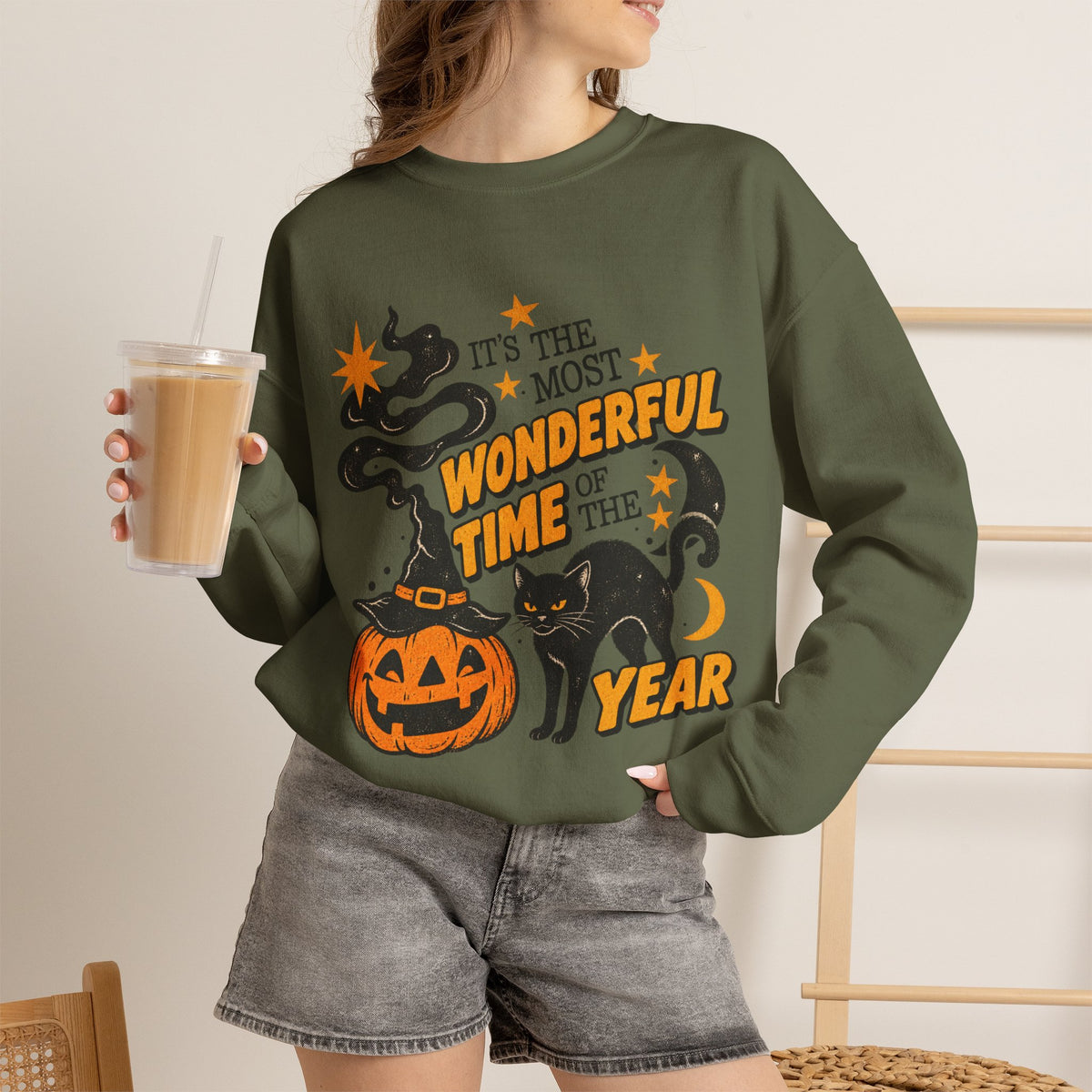 It’s the Most Wonderful Time of the Year Halloween Sweatshirt – Vintage Pumpkin & Black Cat Crewneck