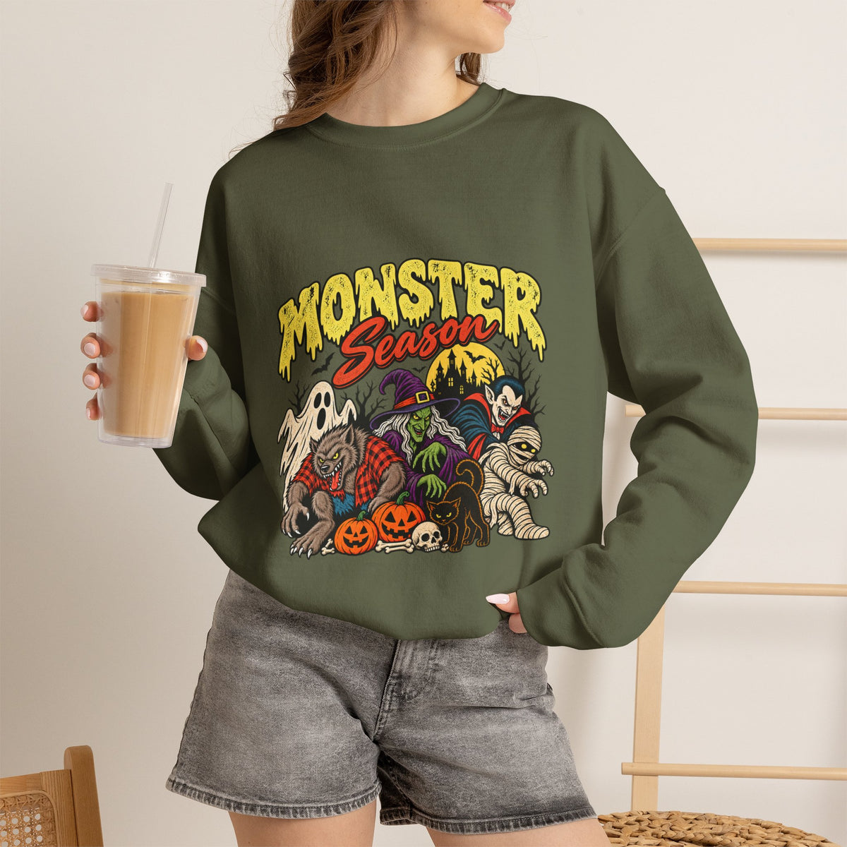 Monster Season Vintage Halloween Sweatshirt – Retro Monsters Unisex Crewneck