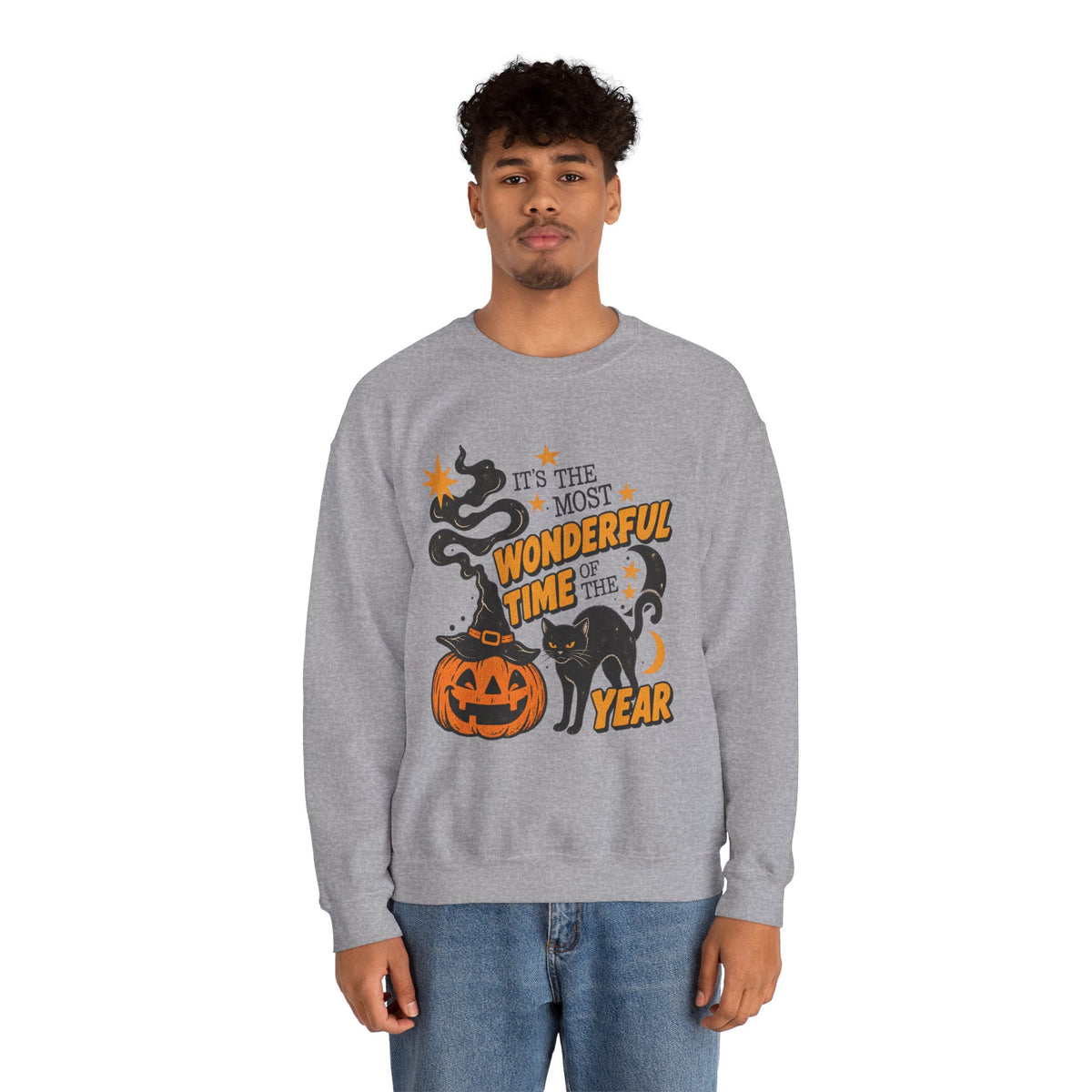 It’s the Most Wonderful Time of the Year Halloween Sweatshirt – Vintage Pumpkin & Black Cat Crewneck