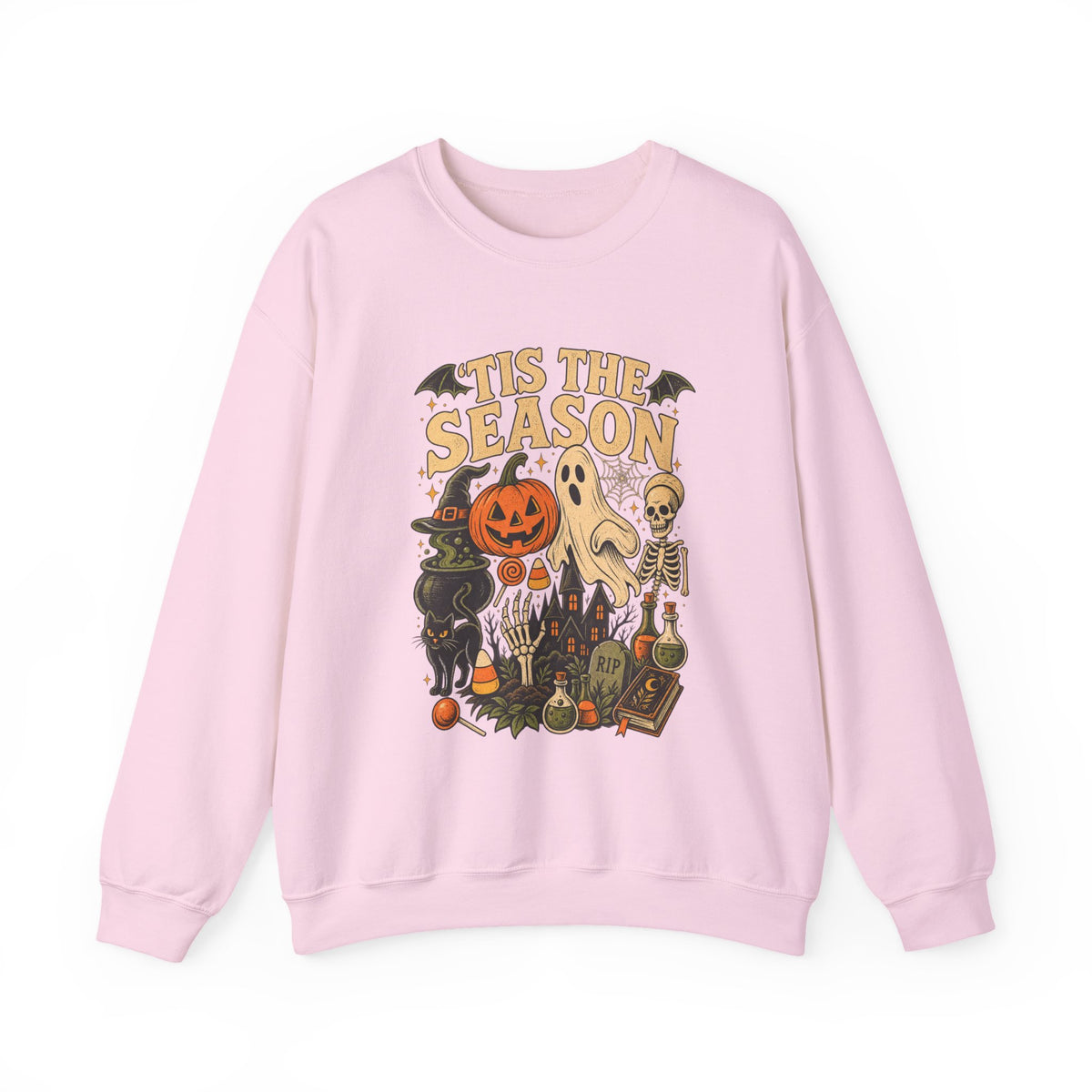’Tis the Season Vintage Halloween Sweatshirt – Ghost, Skeleton & Pumpkin Crewneck