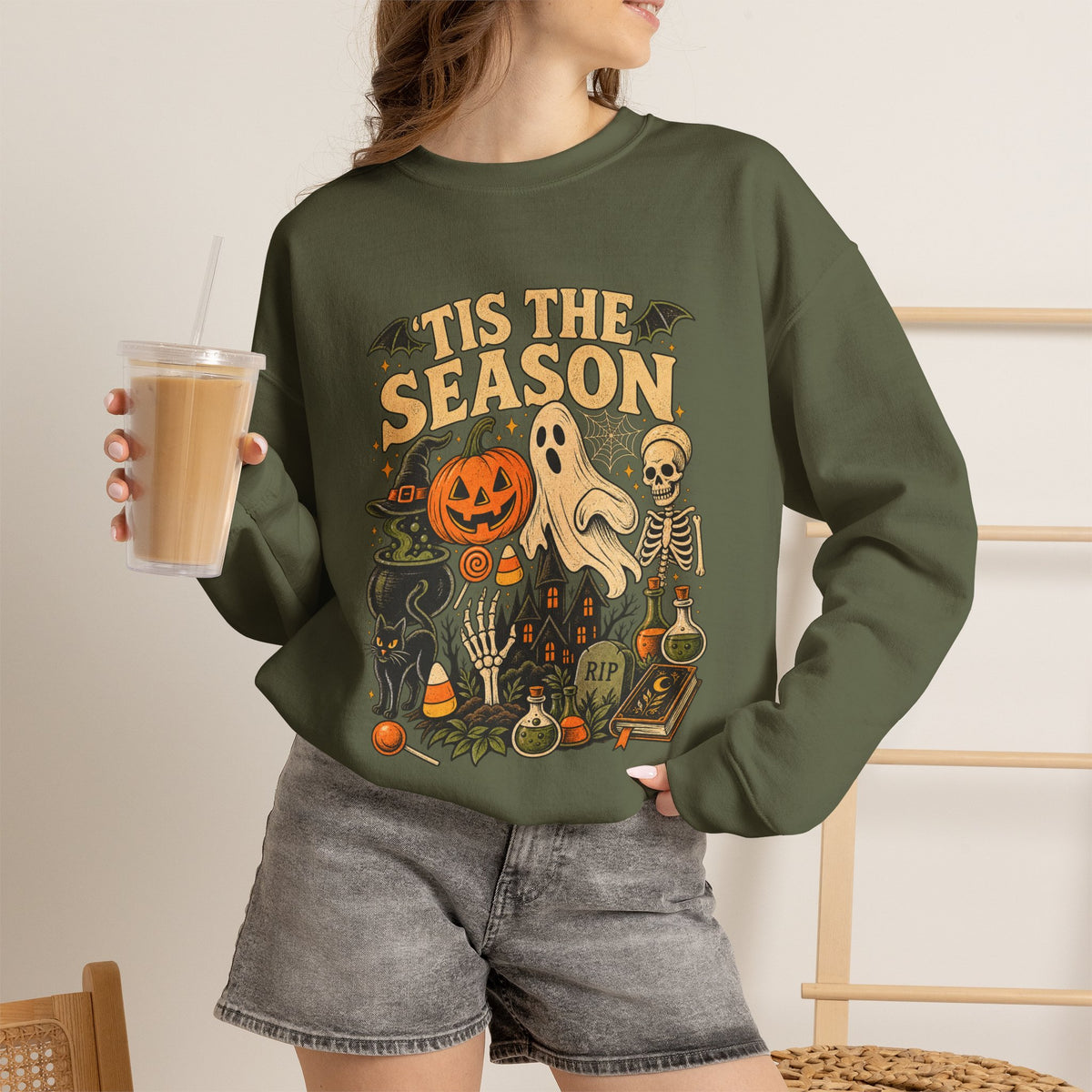 ’Tis the Season Vintage Halloween Sweatshirt – Ghost, Skeleton & Pumpkin Crewneck